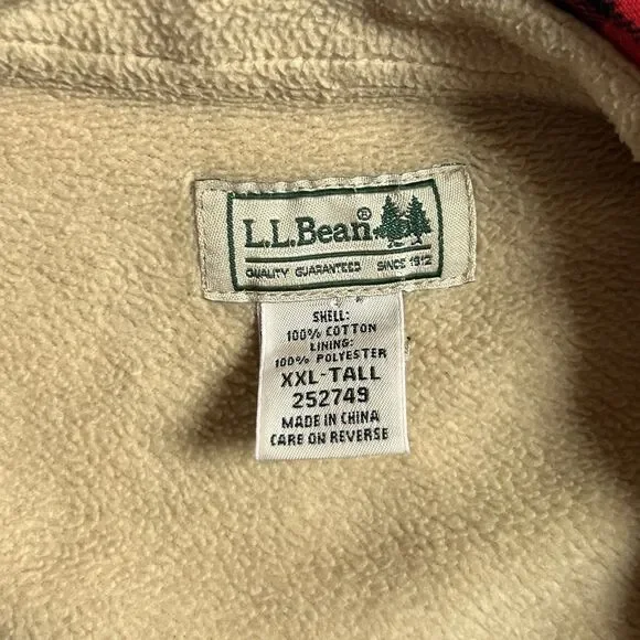 LL Bean Fleece Lined Flannel Shirt Jacket Mens XXL Tall Red Plaid Sherpa - Picture 3 of 6